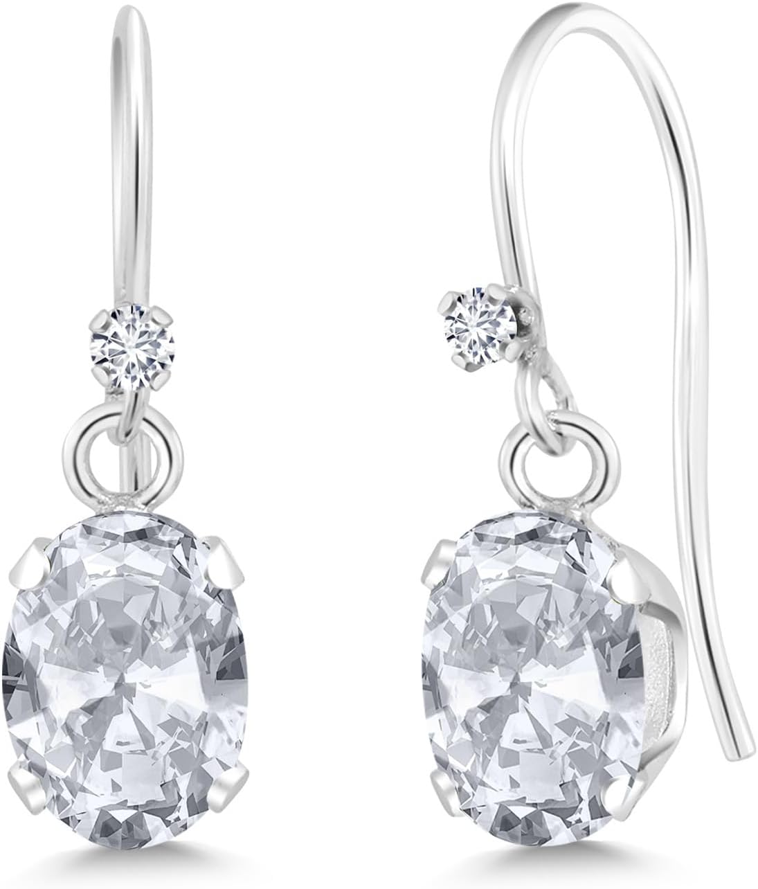 Gem Stone King 925 Sterling Silver White Topaz and White Diamond French Wire Dangle Hook Earrings For Women (1.92 Cttw, Gemstone November Birthstone, Oval 7X5MM)