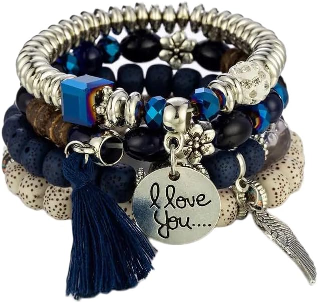 Shining Diva Fashion Latest Stylish Bohemian I Love You Feather Tassel Charm Multilayer Beaded Bangle Bodhi Bracelet for Women and Girls