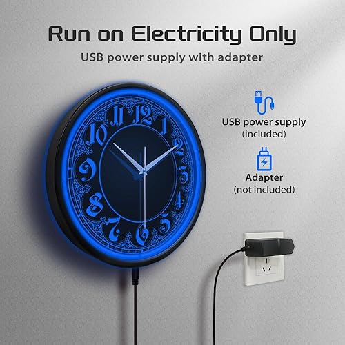 Miniatura 6 de The Geeky Days Reloj de pared con diseño retro con números arábigos LED azules con iluminación de neón para dormitorio, sala de estar, decoración