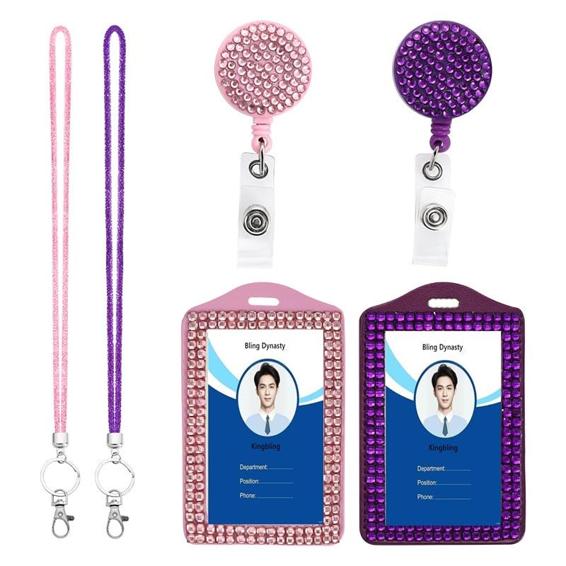 Fashion 2PCS Rhinestone Bling Lanyard with Id Badge Holder, Rhinestone Lanyard for Id Badges,Jeweled ID Card Holder,Crystal Retractable Badge Reel Neck Lanyard(Pink and Purple)