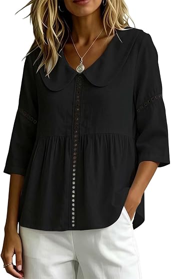 Tunic Tops for Women Loose Fit Dressy 3/4 Sleeve Babydoll Tunic Summer Flowy Peter Pan Collar Blouses Trendy 2026