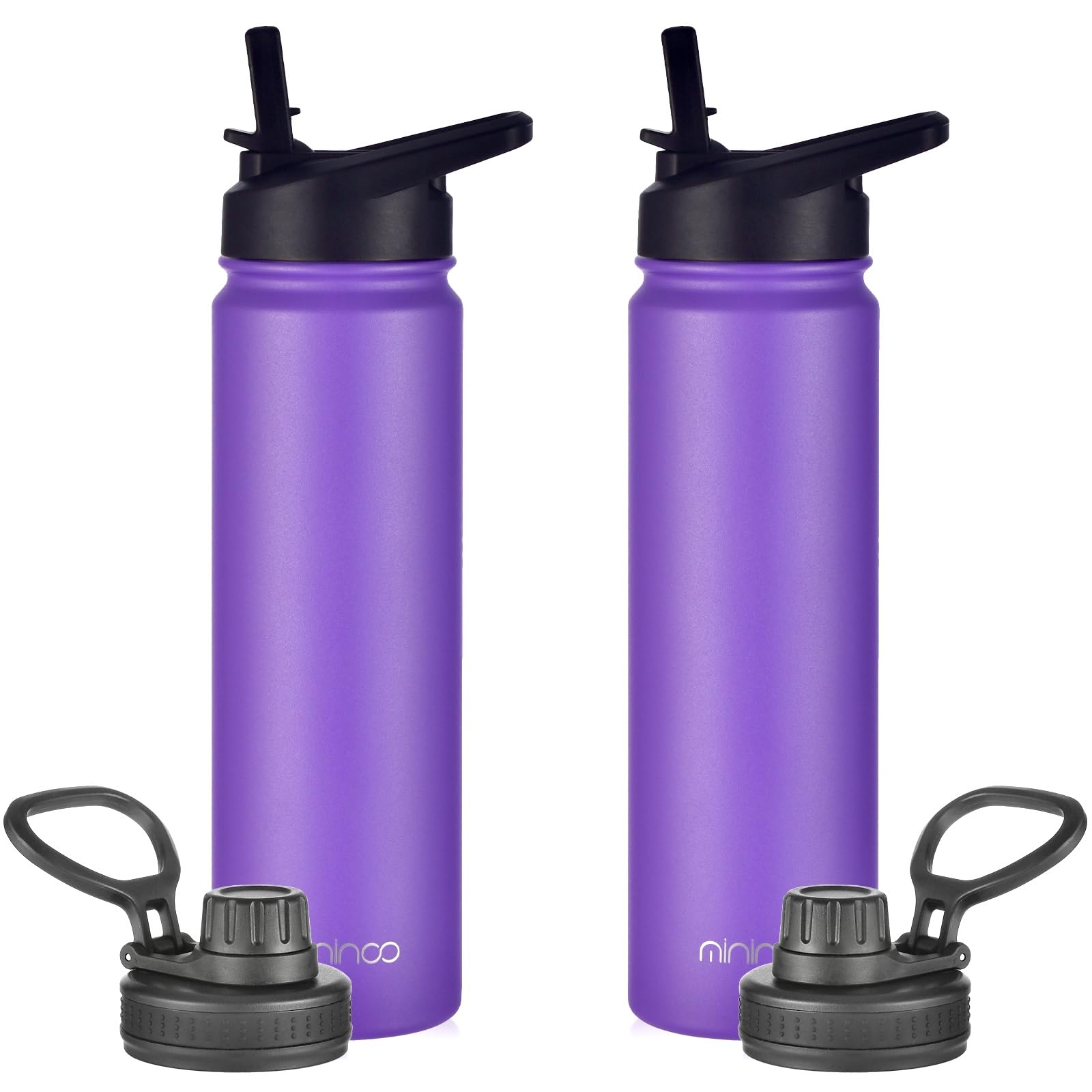 mininoo 24 oz Insulated Water Bottle with Straw Lid, Stainless Steel Double Wall Vacuum, Leak Proof, BPA Free, Keep Cold for 24H & Hot for 12H-2 pack(Purple)