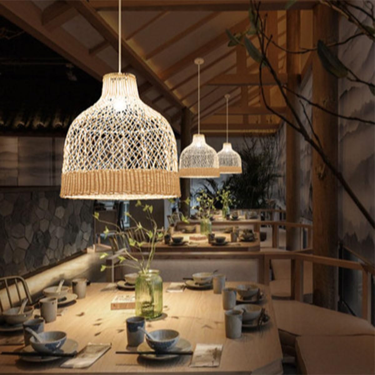 Naturalna rattanowa lampa wisząca z dzwonkiem ręcznie tkana diamentowa krata żyrandol boho wyspa kuchnia lampa wisząca do jadalni,