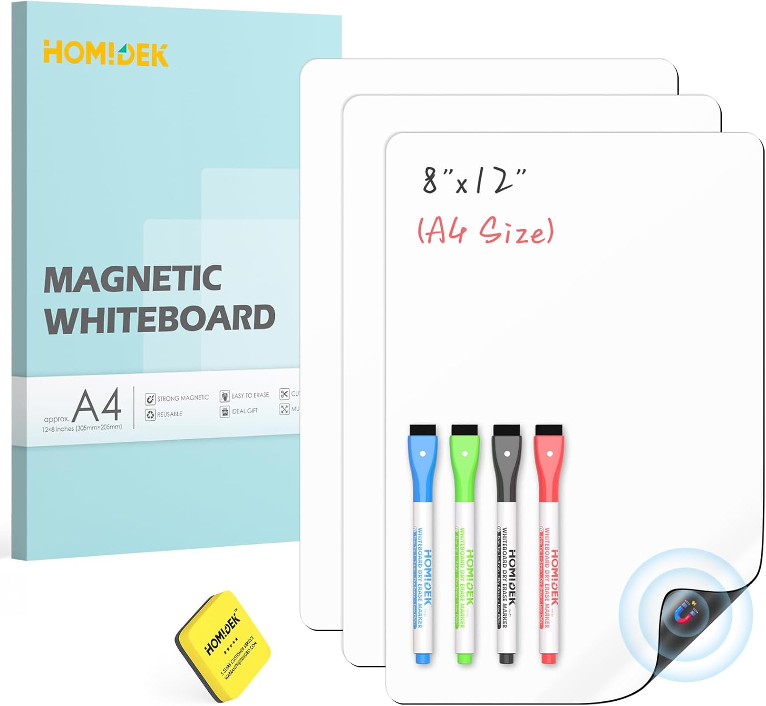 HOMiDEK Magnetic Whiteboard for Fridge, 3 Pack Small Magnetic Dry Erase Boards with 4 Markers & 1 Eraser, Reusable Blank Magnet White Board Sheets for Home, Kitchen, Office, Classroom - 13 x 20