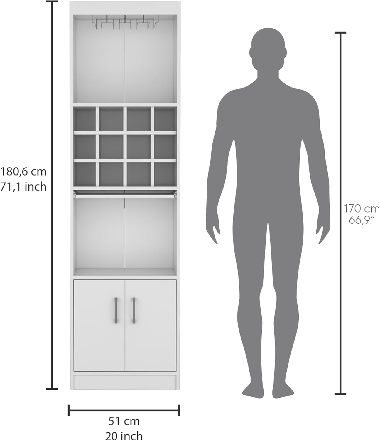 71" Modern Tall Bar Cabinet with 2 Doors Cabinet, 5-Tier Bistro Organizer with 12-Bottle Wine Rack & 12 Stemware Slots, Versatile Liquor Cabinets with Pull-Out Tray for Bar Kitchen Living Room,White