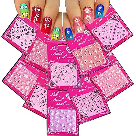 Adorable Nail Art 3D Stickers Decals Black, White with Rhinestones, Set of 10, /FLXI/ Cover