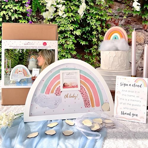 Image of Kate Aspen Boho Baby Shower Guest Book Alternative Rainbow Frame with 30 Wooden Clouds, Frame for Sonogram Picture, Rainbow Baby Shower Decorations & Keepsake, Nursery Decor (Pack of 2)