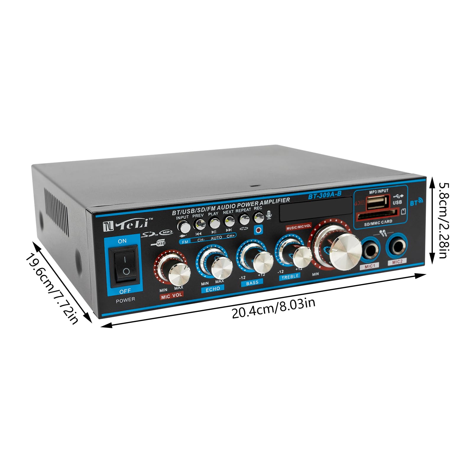 Wzmacniacz HiFi Bluetooth Stereo Radio Amplifier Mini HiFi FM odbiornik z pilotem zdalnego sterowania, pełny wzmacniacz, 2 kanały 400 W AC 220 V / DC 12 V, dwa przyłącza mikrofonowe CR2052,