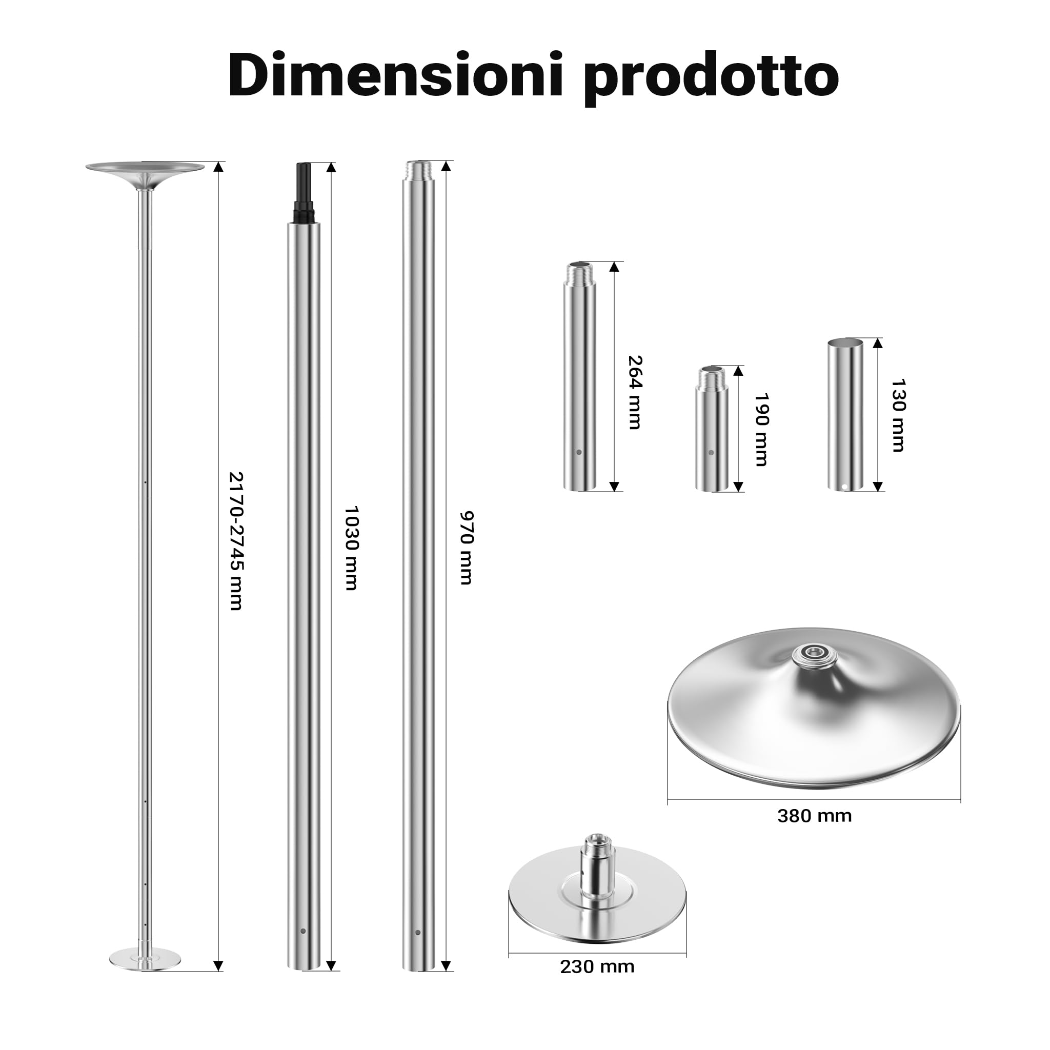 Wiltec Palo da Pole Dance Ø 45 mm Altezza Regolabile 2,31-2,74 m in Acciaio Non Richiede Fori