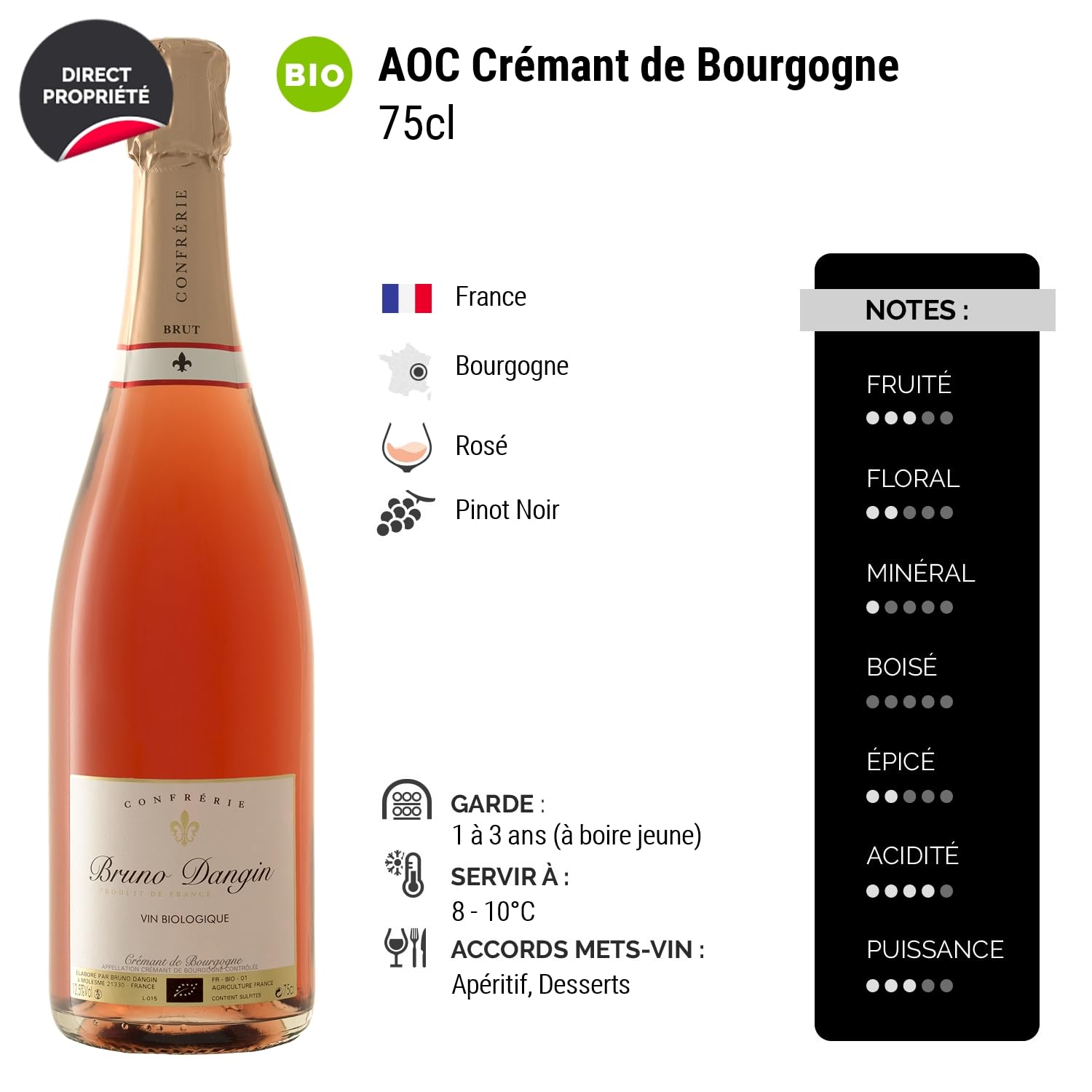 Crémant de Bourgogne Cuvée Rose Brut - Rosé - Bruno Dangin - Vin Rosé de Bourgogne (3x75cl) BIOEffervescent
