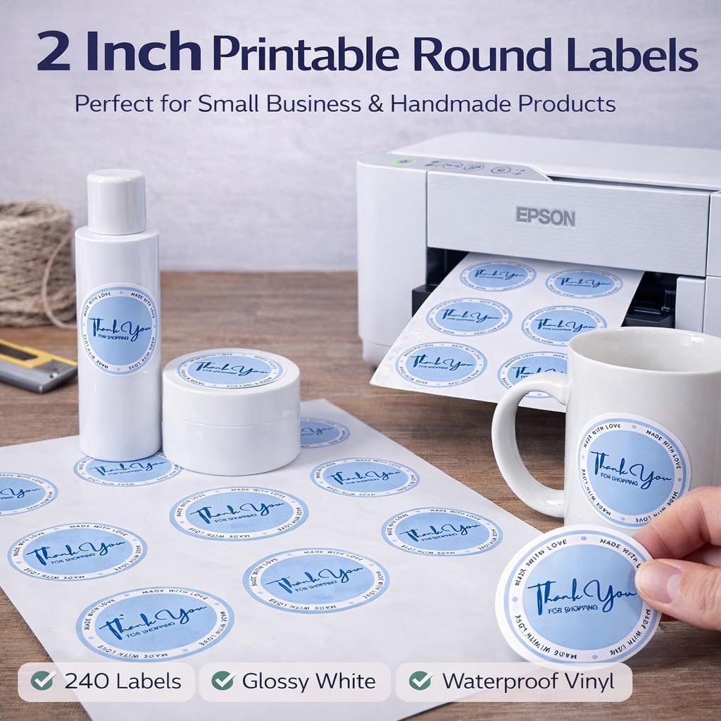 Printable Round Labels 2 inch Glossy White Circle Labels Stickers 240 Labels Waterproof Vinyl Sticker Paper for Inkjet or Laser Printer - Image 2