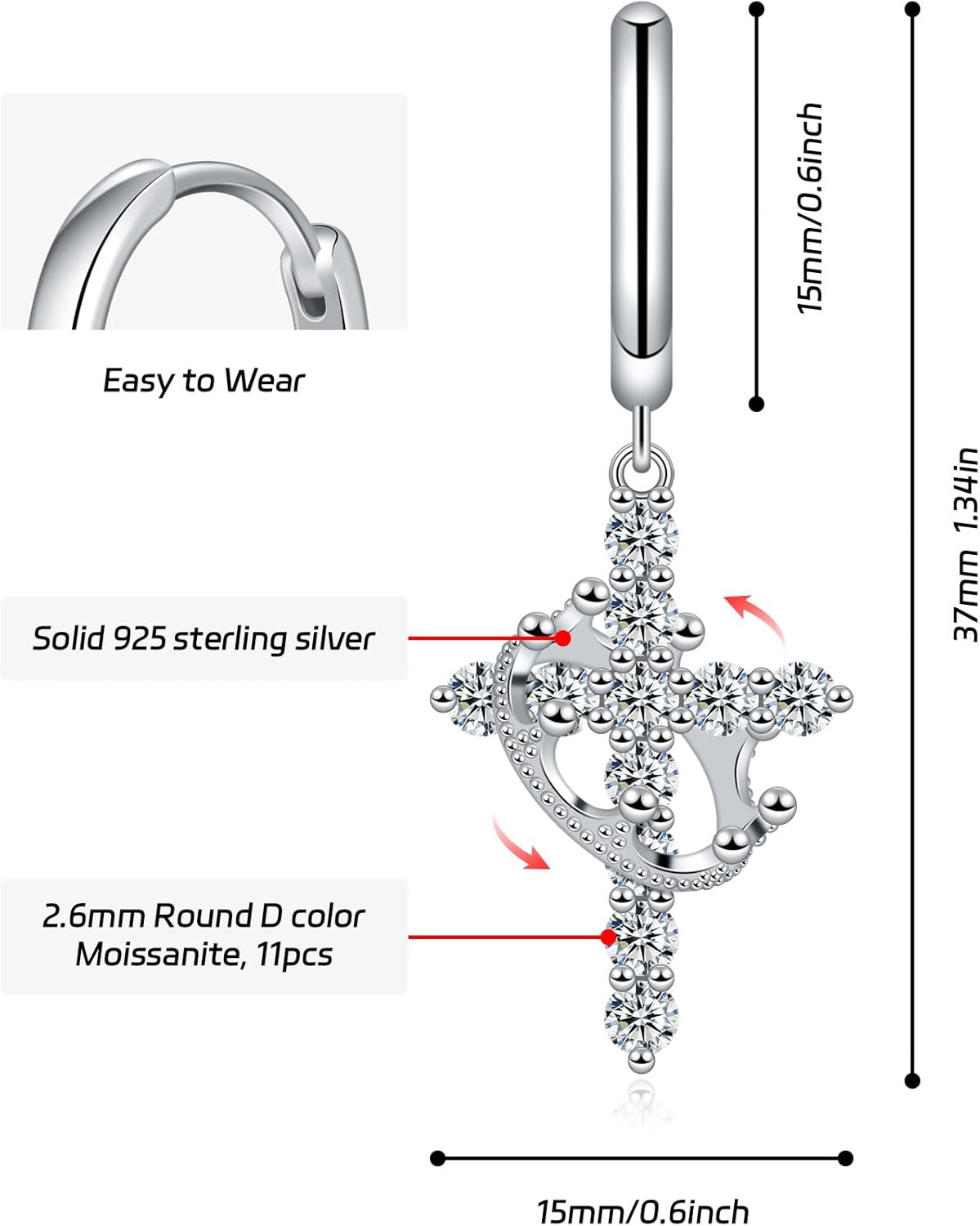 Moissanite Sterling Silver Cross Earrings for Women Huggie Drop Hypoallergenic Lightweight Earring Set - Image 3
