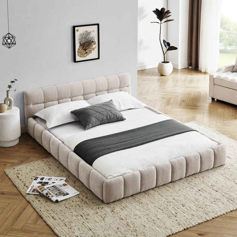 Upholstered Queen Bed with Headboard, Modern Soft Chenille Queen Size Platform Bed Frame with Wood Slat, No Box Spring Needed, Easy Assembly, Beige
