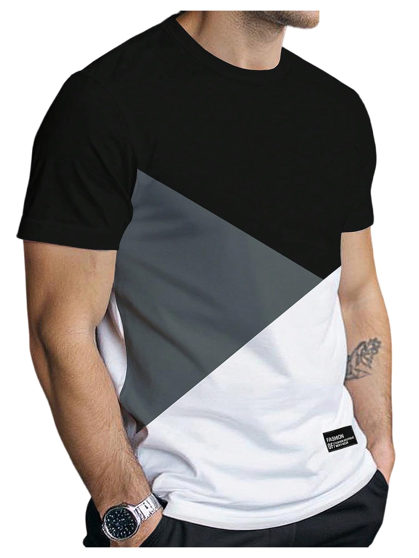 Photo 1 of SOLY HUX Men's Casual T Shirts Short Sleeve Crew Neck Color Block Graphic Tees Shirt Summer Tops Black Grey White Large