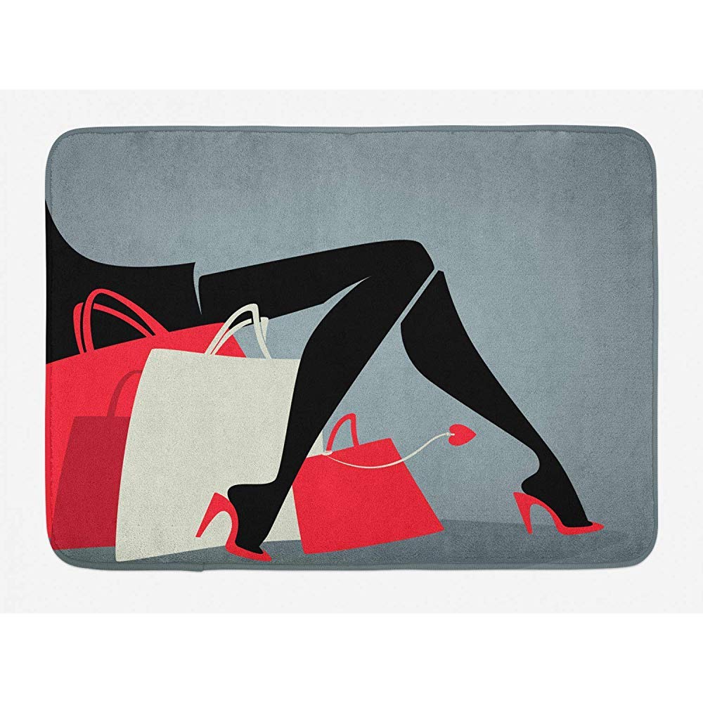 City Woman Bath Mat, Half Image of a Girl with Shopping Bags Long Legs Sitting Charcoal Multicolor