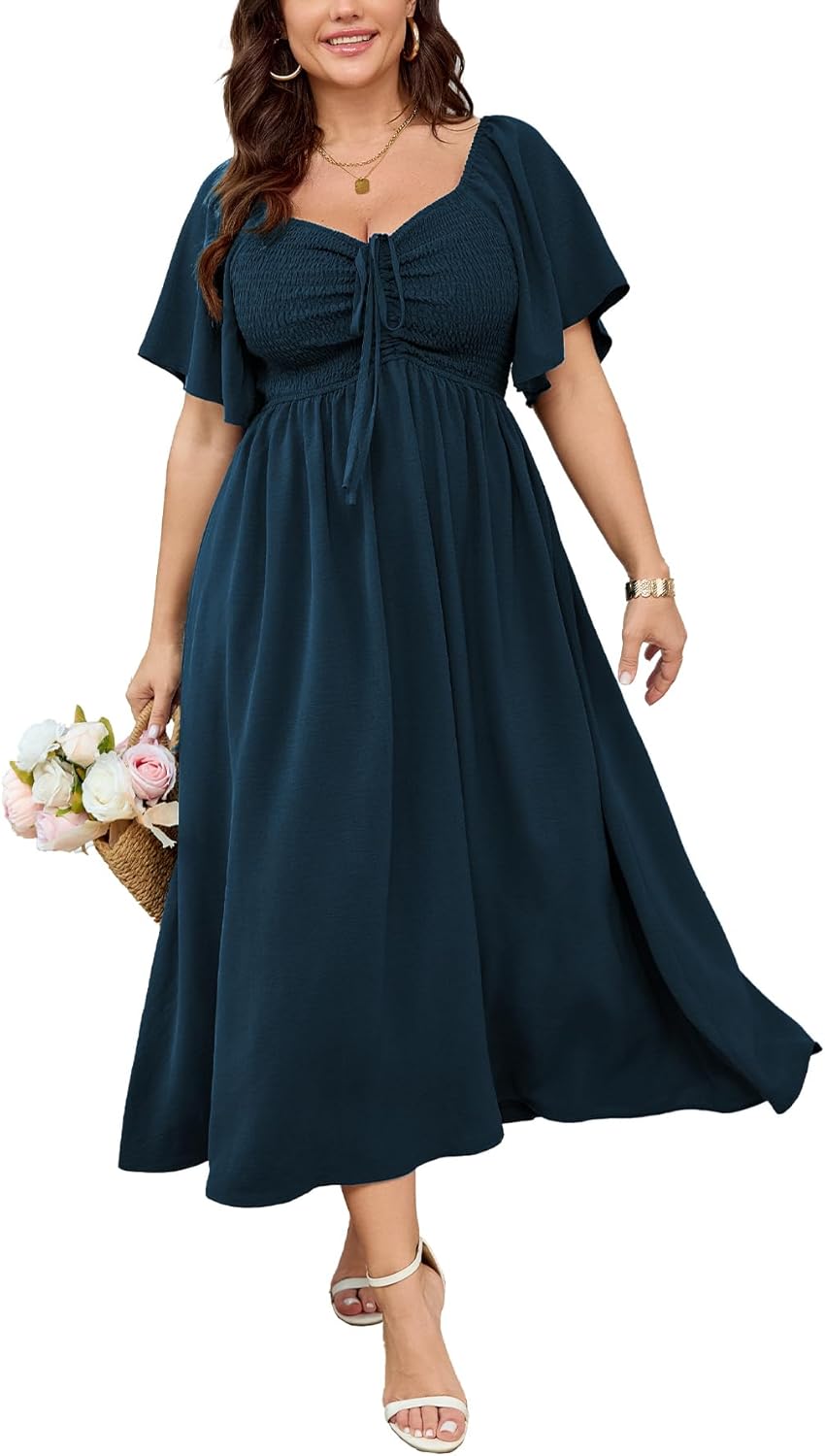 SHESTARR Women's Plus Size Maxi Dress Short Sleeve Sweetheart Neckline Smocked A Line Flowy Formal Wedding Guest Dress
