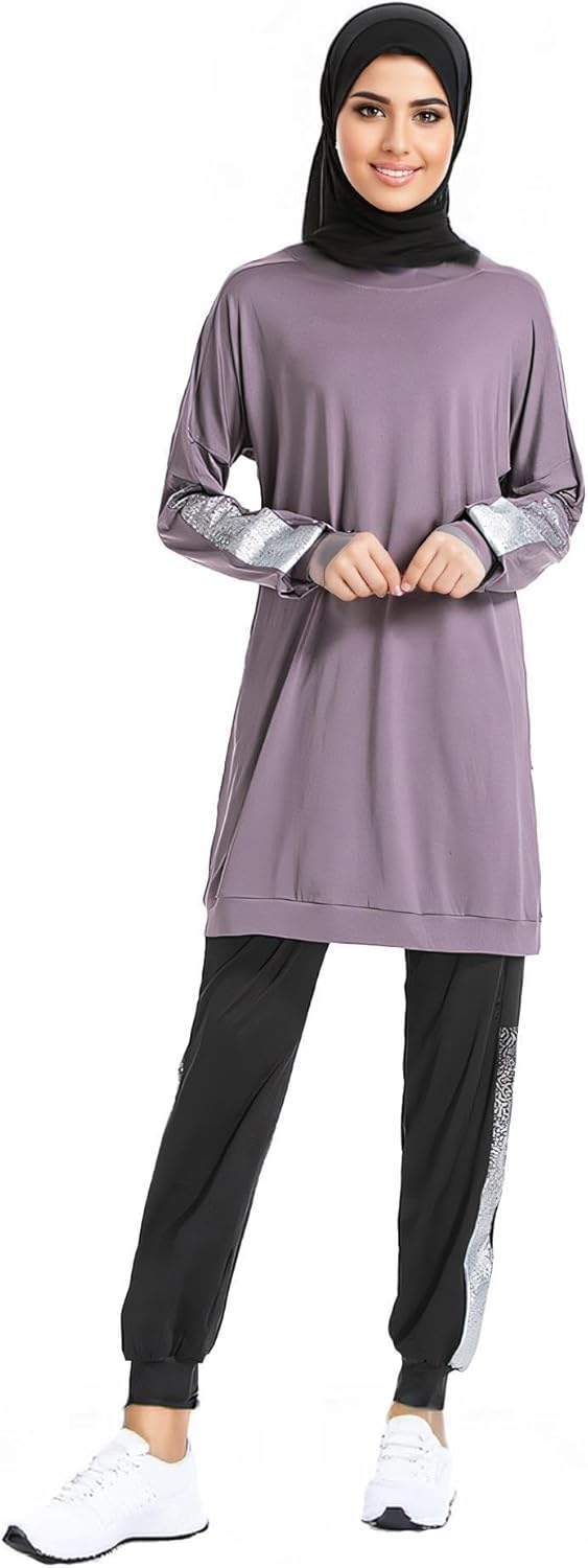 Womens Muslim Tracksuit Set Crew Neck Sweatsuits Simple Training Dubai Style Sweatpants