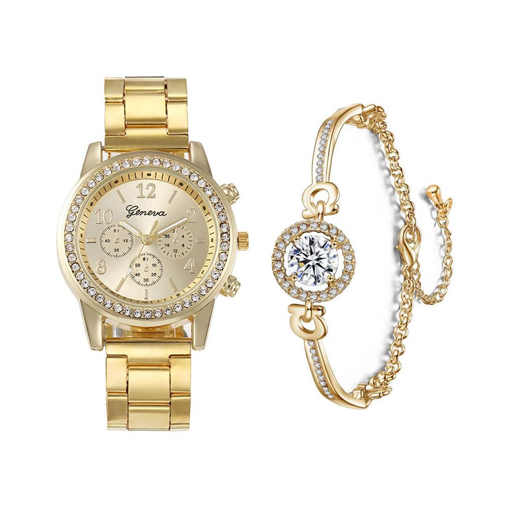 Dacdyi 3 Pcs Elegant Diamond Watches and Bracelet Set for Women Classic Round Dial Rehinestore Bezel Analog Quartz Ladies Watches