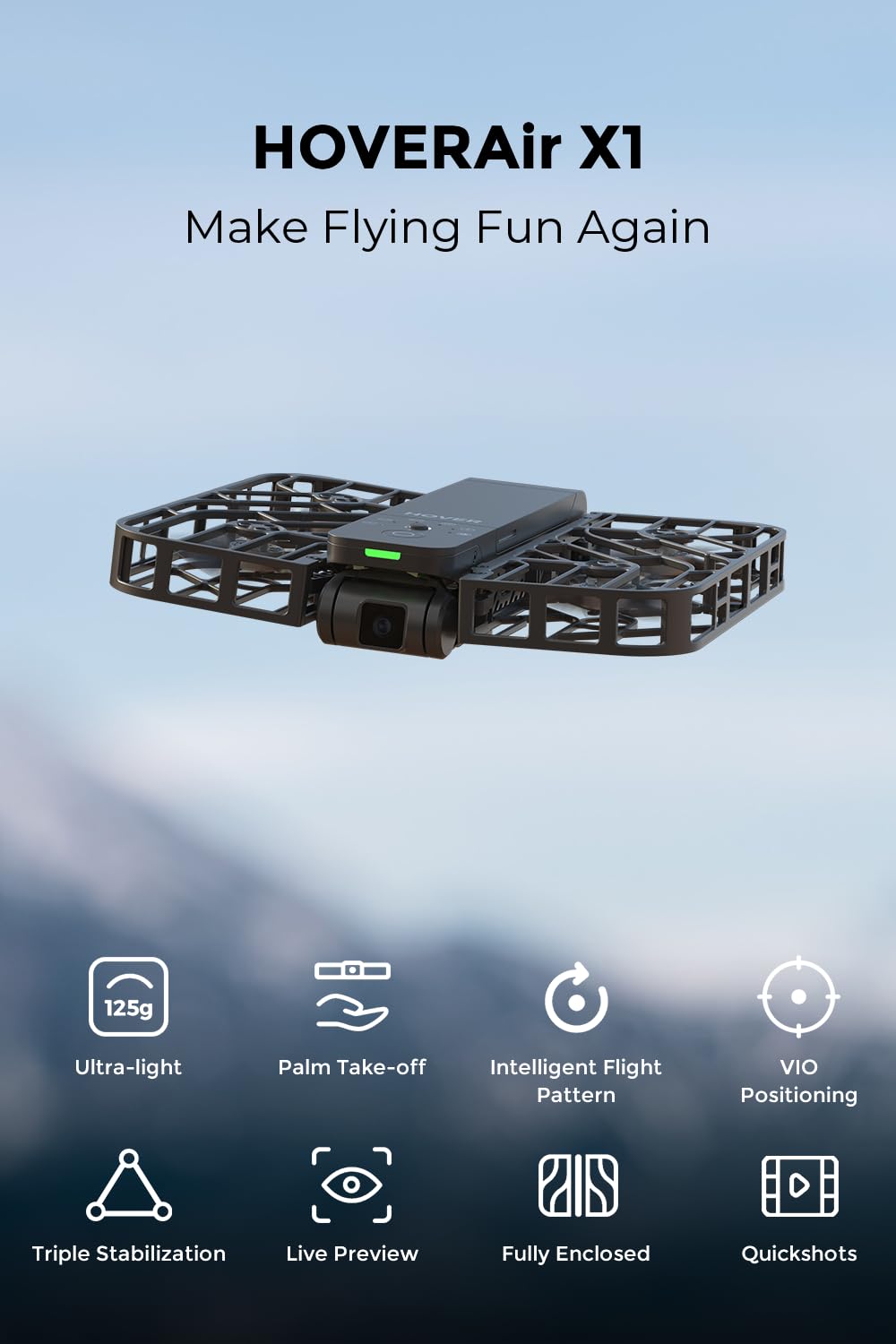 HOVERAir X1 - Samolotowa kamera, dron o kieszonkowych rozmiarach, nagrywanie wideo HDR, start z dłoni, inteligentne trasy lotu, sterowanie bez użycia rąk - czarny (Kombinacja)