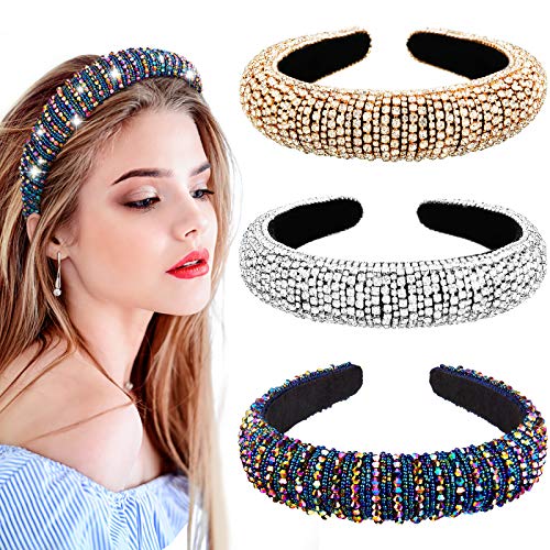 3 Pieces Rhinestone Crystal Diamond Headband Wide Velvet Padded Hairbands Hair Party Wedding Headwear Accessories for Women Girls (Gold, Silver, Blue)