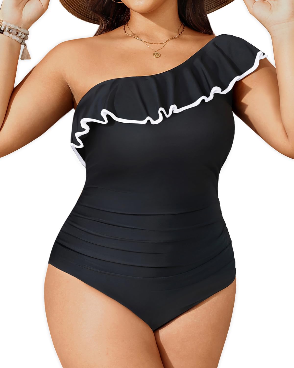 Aqua Eve Plus Size Bathing Suits for Women One Piece Swimsuits One Shoulder Ruffle Tummy Control Swimwear - Image 2