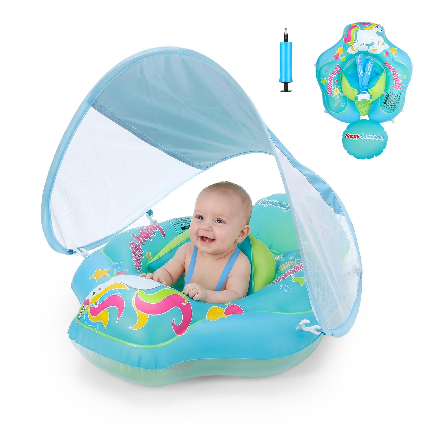 Baby Schwimmring mit Sonnendach, UPF 50+ Aufblasbarer Schwimmring Baby mit Dach, UV-Schutz Sonnenverdeck, Sicherer Schwimmring Baby für Pool, Strand und Sommer Wasseraktivitäten