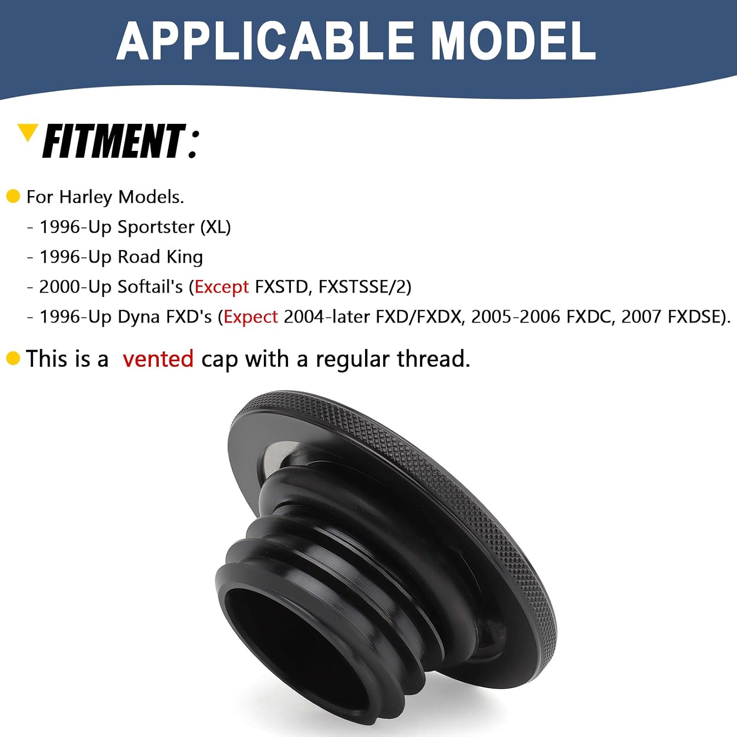 Motorcycle Vented Gas Cap Magnetic Anti-theft Fuel Tank Cap Knurled Fit For Harley 1996-Later Touring Road King Sportster XL 883 Dyna FXD's 2000-Up Softail Fat Bob FXLRS FXBB (Black)