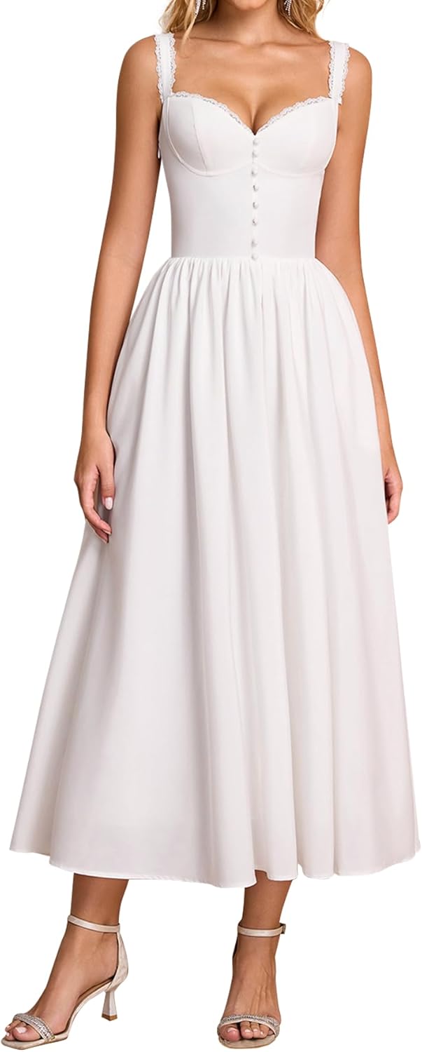 Summer Corset Midi Dress Formal Flowy A Line Lace Spaghetti Strap Wedding Guest Dresses for Women Sundress with Pockets