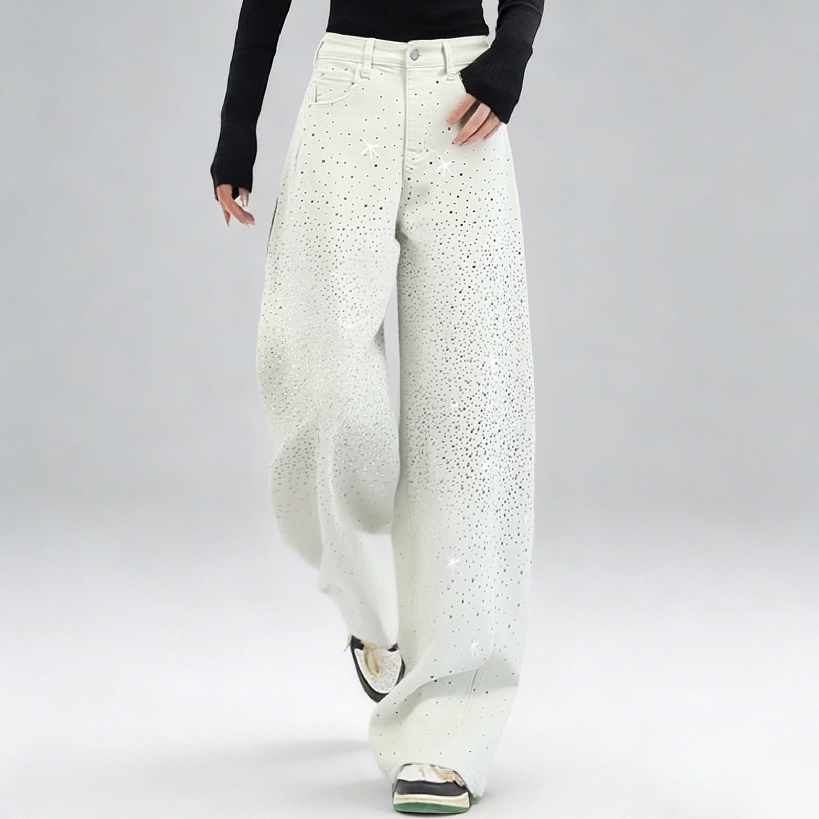 Pantalones De Verano Mujer De Trabajo, Pantalones Vaqueros Mujer Chino, Acampanados Talle Alto Adornos Estrellas por Toda La Prenda DiseñO Patchwork Mezclilla Desgastada Pantalon Pirata Pantalón