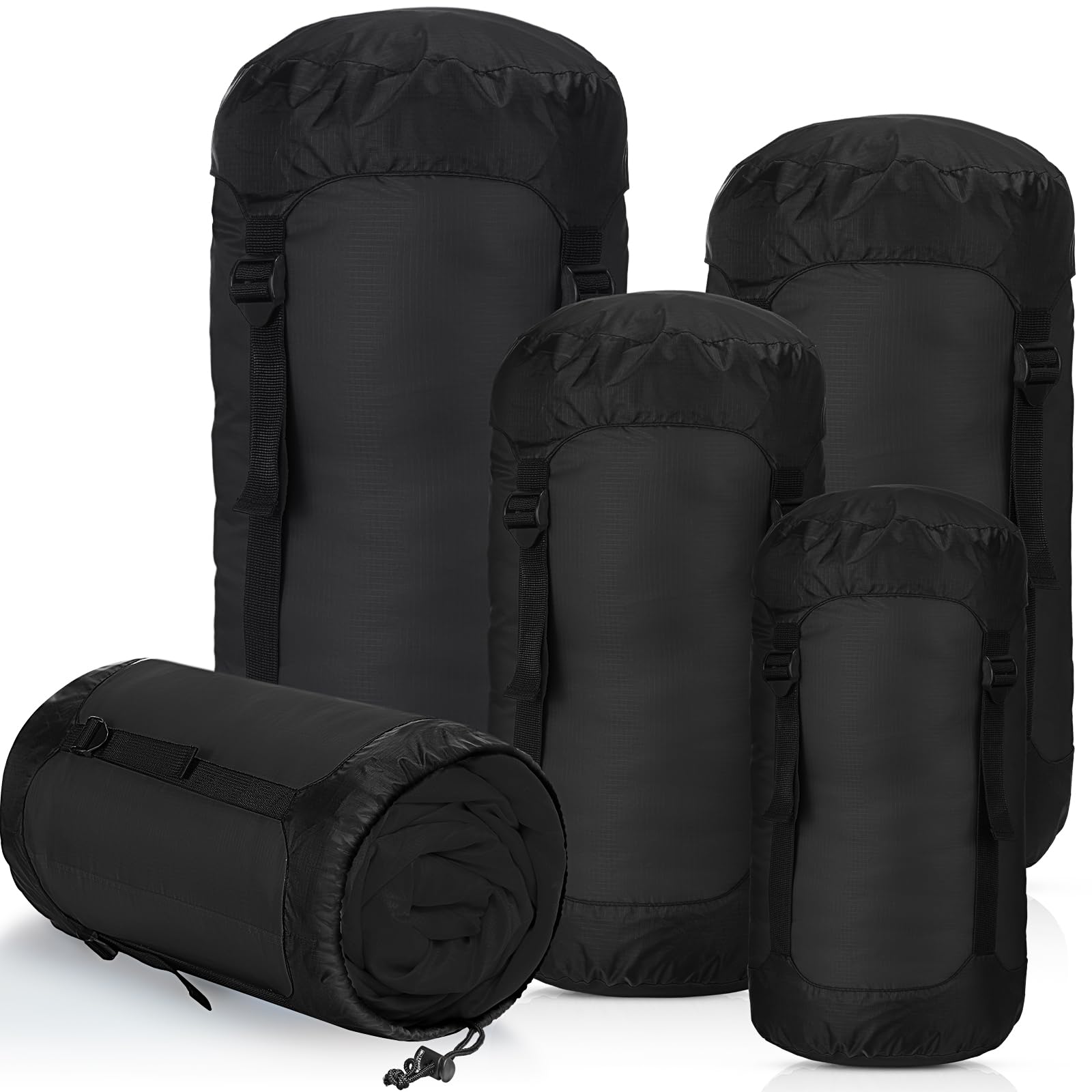 Gulfmew 5 Pcs Compression Sacks for Backpacking 5L/10L/15L/20L/35L Camping Sleeping Bag Stuff Sack Water Resistant Sleeping Bag Storage Sack for Space Saving Hiking Gear (Black)