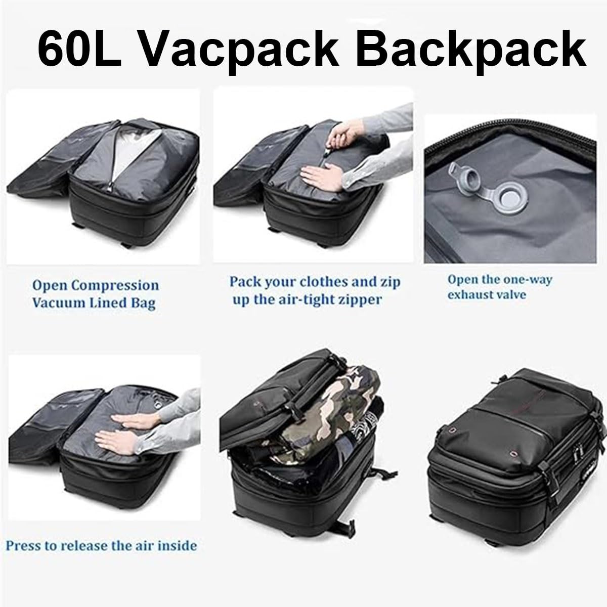 Mochila, Equipaje De Mano, Bolsa De Avión, Airbag De Vacío, Mochila De Viaje, Mochila De Mujer, Mochila De Viaje Al Vacío con Bomba, Impermeable, Maleta De Vacío For Hombre.(Noir,Air Pump)