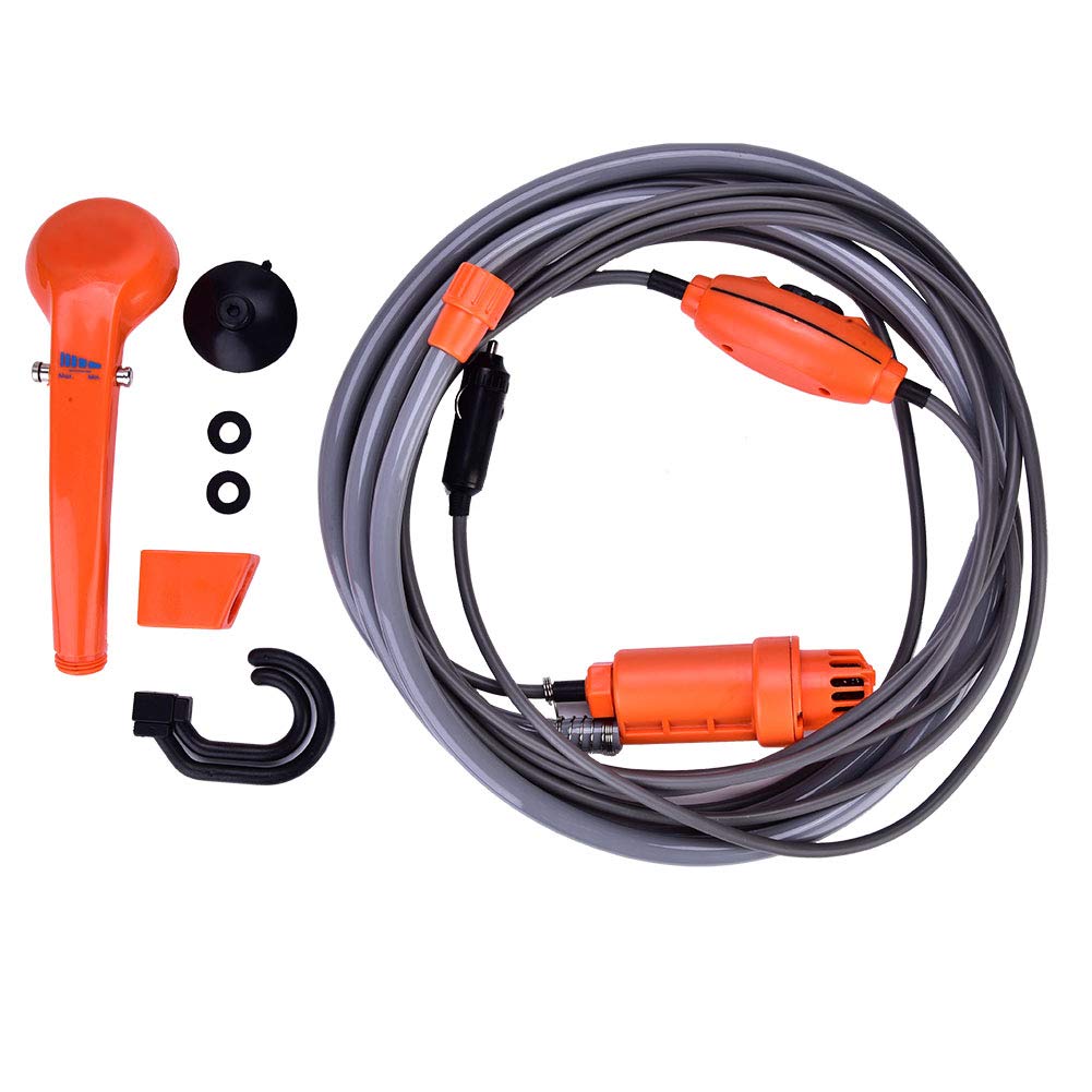 Camping Dusche Tragbare Campingdusche mit 12 V Pumpe, Outdoor Mobile Duschen Außenduschen mit Duschkopf und 2 m Schlauch Auto Stecker für Reisen, Autowäsche, Zelt, Pflanzenbewässerung Garten