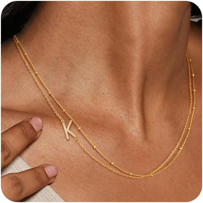 Gold Initial Necklaces for Women Trendy 14K Gold Plated Layered Letter A-Z Necklaces Set Stack Dainty Sideways Initial Charm Necklace Birthday Personalized Gifts for Women Jewelry