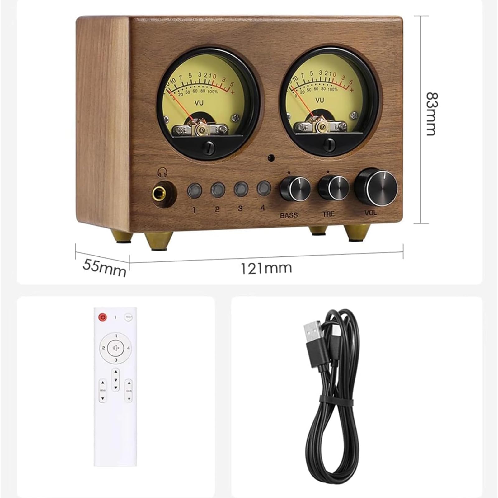Vintage VU Meter przedwzmacniacz z pilotem zdalnego sterowania, 4 kanały wejściowe, przetwornik mikrofonu, regulacja tonów wysokich i niskich tonów do domowego biura, studia, rozrywki