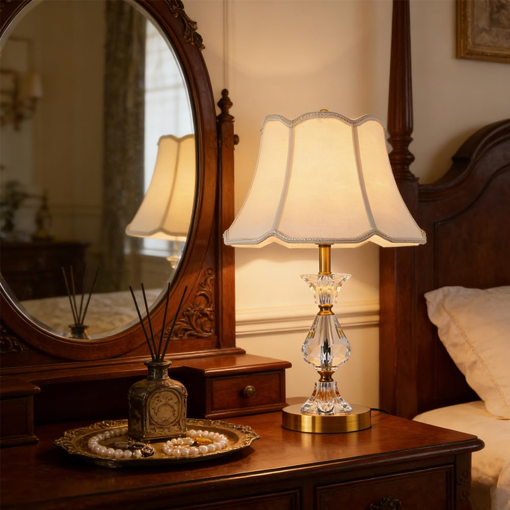 Lampara de noche, lampara de mesita de noche Blanco, E27 lampara para mesa con cristales y pantalla dorado, sobremesa Lámpara De Escritorio redondo pantalla dormitorio Sala De Estar Hotel estudio