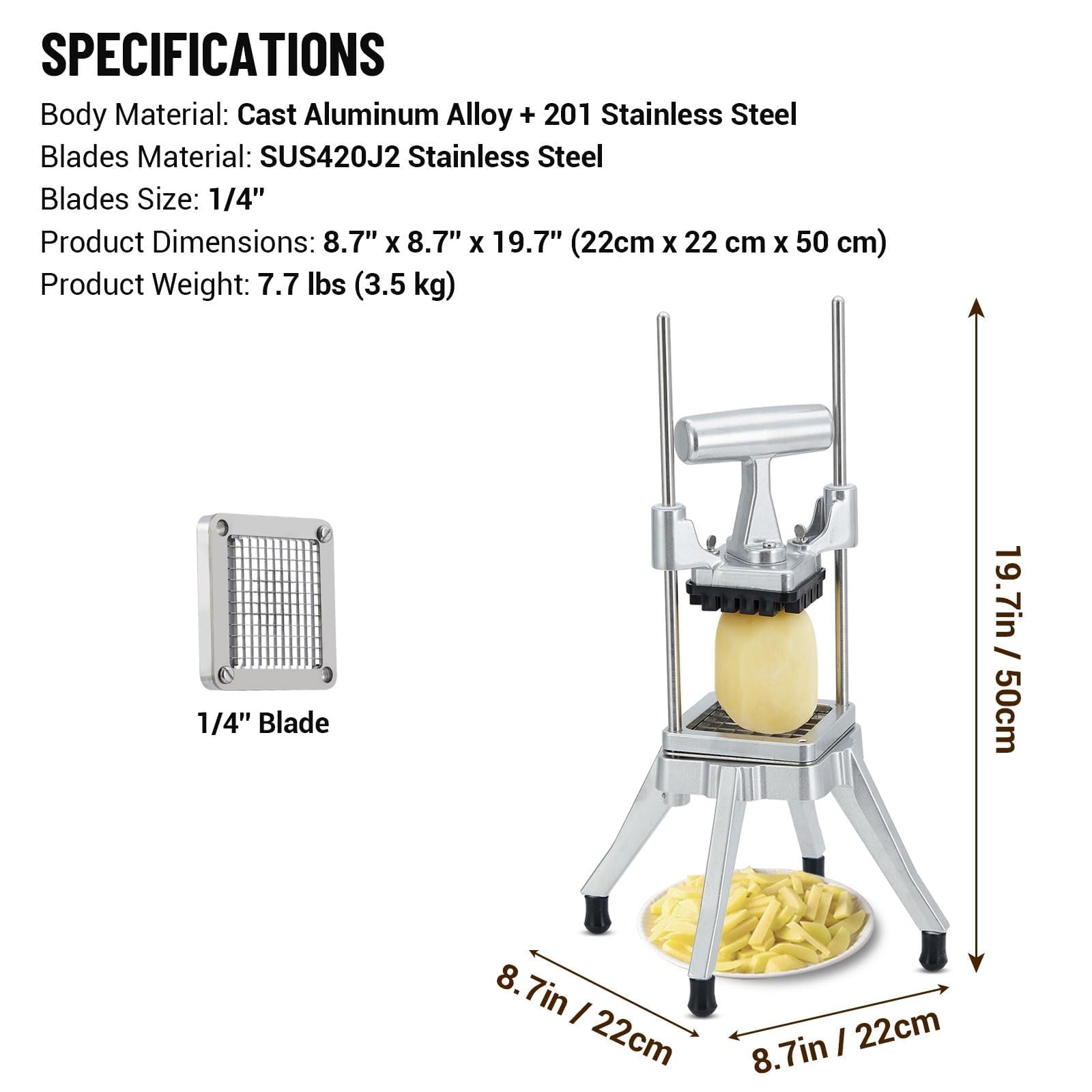 Garvee Manueller Edelstahl Gemüse- & Obstschneider – Robuster Pommes- & Zwiebelschneider – 1 austauschbare Klinge (1/4") für Kartoffeln, Tomaten, Gurken – Vertikalpresse – Silber – 1 Klinge (1/4"),