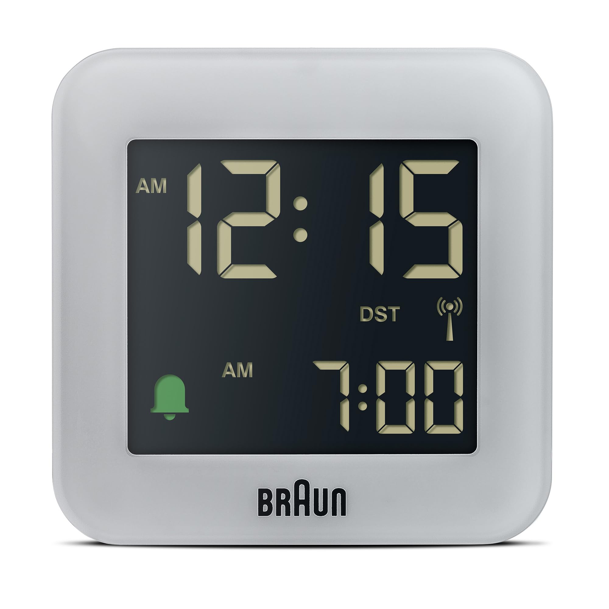 Braun Réveil de Voyage avec Projection numérique Radio-pilotée pour Les fuseaux horaires d'europe Centrale (DCF) avec Fonction Snooze, Taille compacte, bip d'alarme Crescendo, modèle BC08G-DCF Gris.
