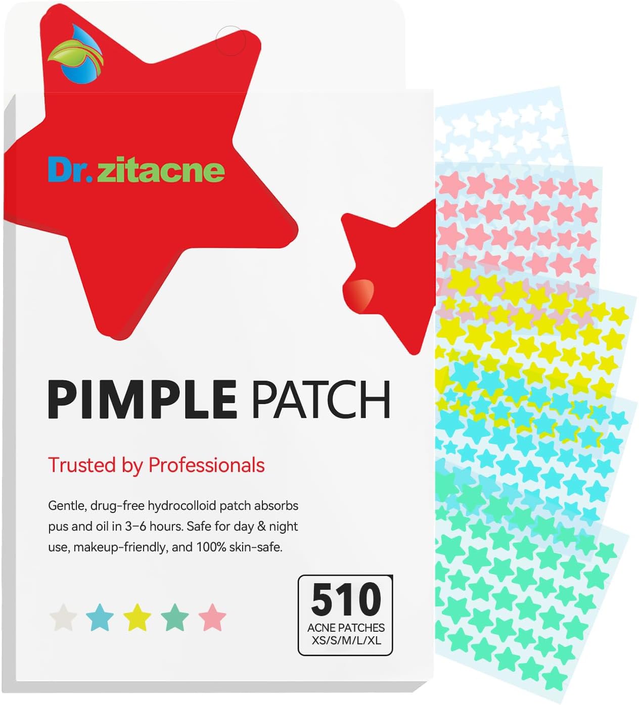 Pimple Patches, Acne Patches Hydrocolloid for Face, Cute Star Zit Covers, Colorful Spot Stickers with Tea Tree, Salicylic Acid & Centella Oil, 5 Sizes (8, 10, 12,14 & 16mm), 510 Patches