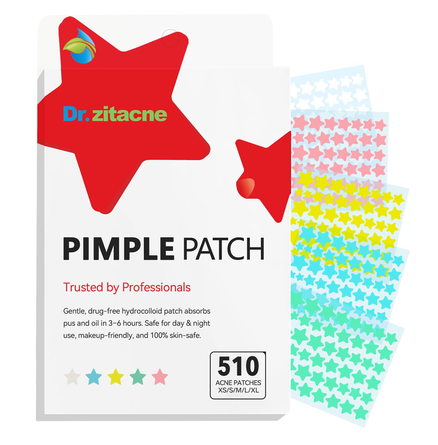 Pimple Patches, Acne Patches Hydrocolloid for Face, Cute Star Zit Covers, Colorful Spot Stickers with Tea Tree, Salicylic Acid & Centella Oil, 5 Sizes (8, 10, 12,14 & 16mm), 510 Patches
