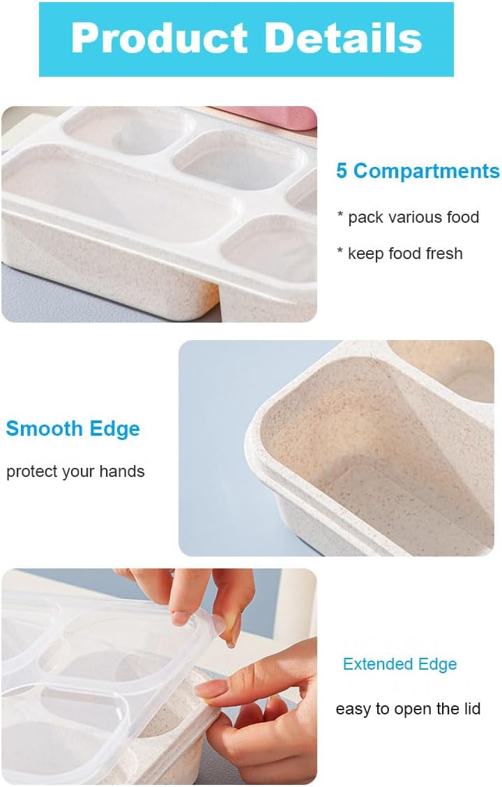 4 Pack Bento Box Adult Lunch Box Snack Containers, 5-Compartment Meal Prep Container for Kids Adults,Reusable Lunch Containers with Sauce Container & Fork for School Work Travel (Wheat Straw), Large