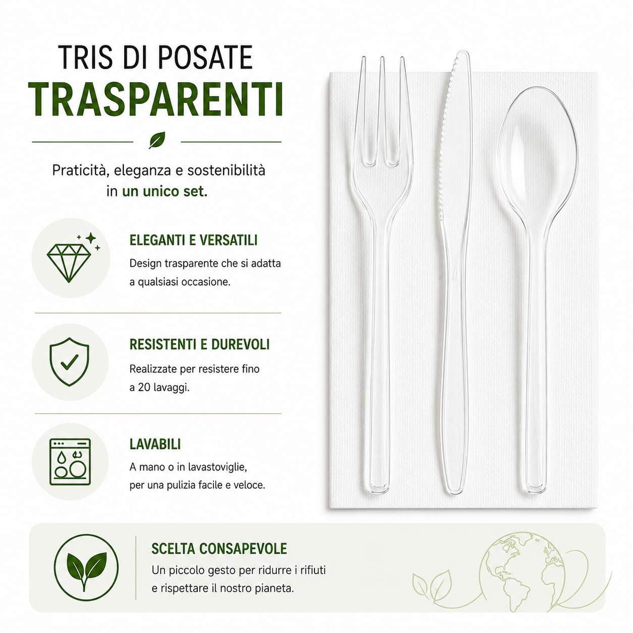 Kit Tris Posate Trasparenti Riutilizzabili con Tovagliolo, Forchetta, Coltello e Cucchiaio con Tovagliolo Monouso, Set Posate per Catering, Eventi, Ristoranti, Feste e Asporto 500 pz