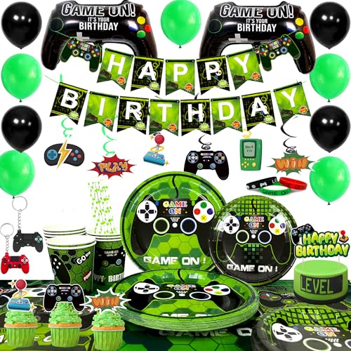 Gaming Birthday Party Decorations Supplies, 16 Guests Video Game Party Decorations Tableware Set Games Party Plates Cups Tablecloth Balloons Banner Cake Topper etc
