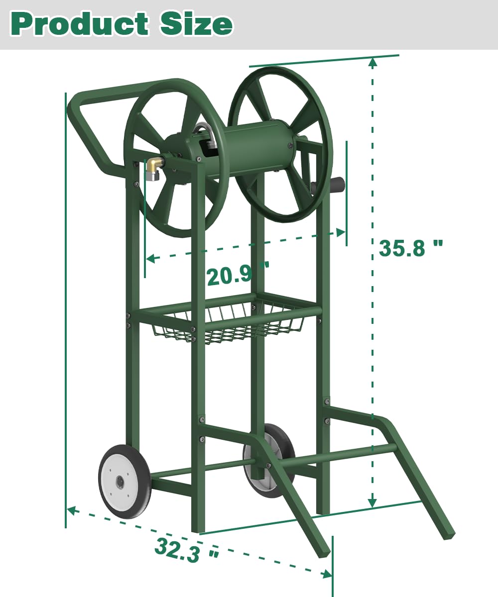 Artigarden Carrello avvolgitubo con 2 ruote, supporto per tubo dell'acqua da giardino, resistente in acciaio verniciato a polvere, per esterni, contiene tubi da 38,1 m 5/8" con cestino e tubo da 1,2 m