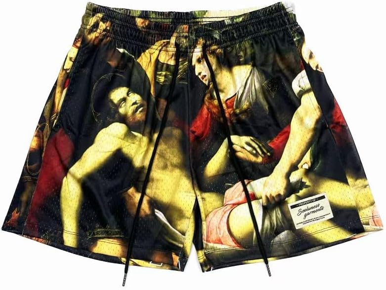 Men's Oil Painting Mesh Graphic Basketball Shorts Drawstring Running Workout Shorts Summer Cool Casual Shorts