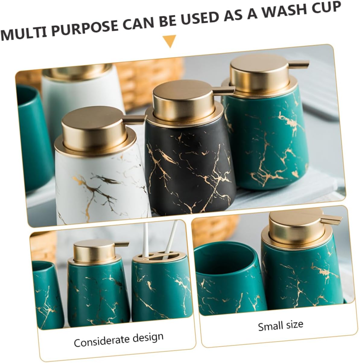 Ciieeo 1set Bathroom Washing Supply Set Dark Green Ceramic Toothbrush Holder Lotion Bottle and Soap Tray Marble Finish Bathroom Accessories for Neat Toothpaste and Brush Storage