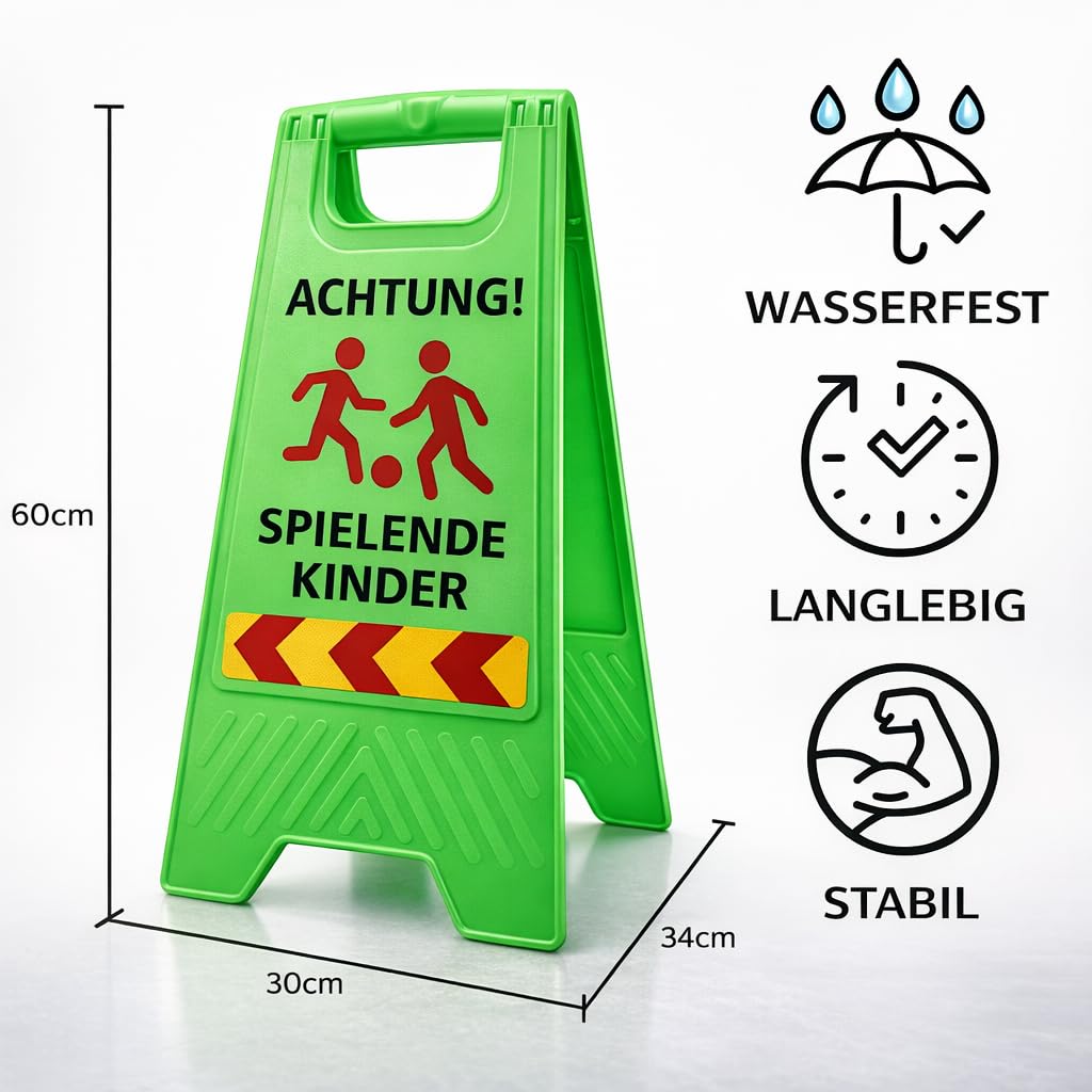 Friendly Fox 2 Stück Warnschilder Achtung spielende Kinder, 60 x 30 cm | Sicherheitsschild, Vorsicht Kinder Schild, klappbarer Aufsteller mit Reflektorstreifen