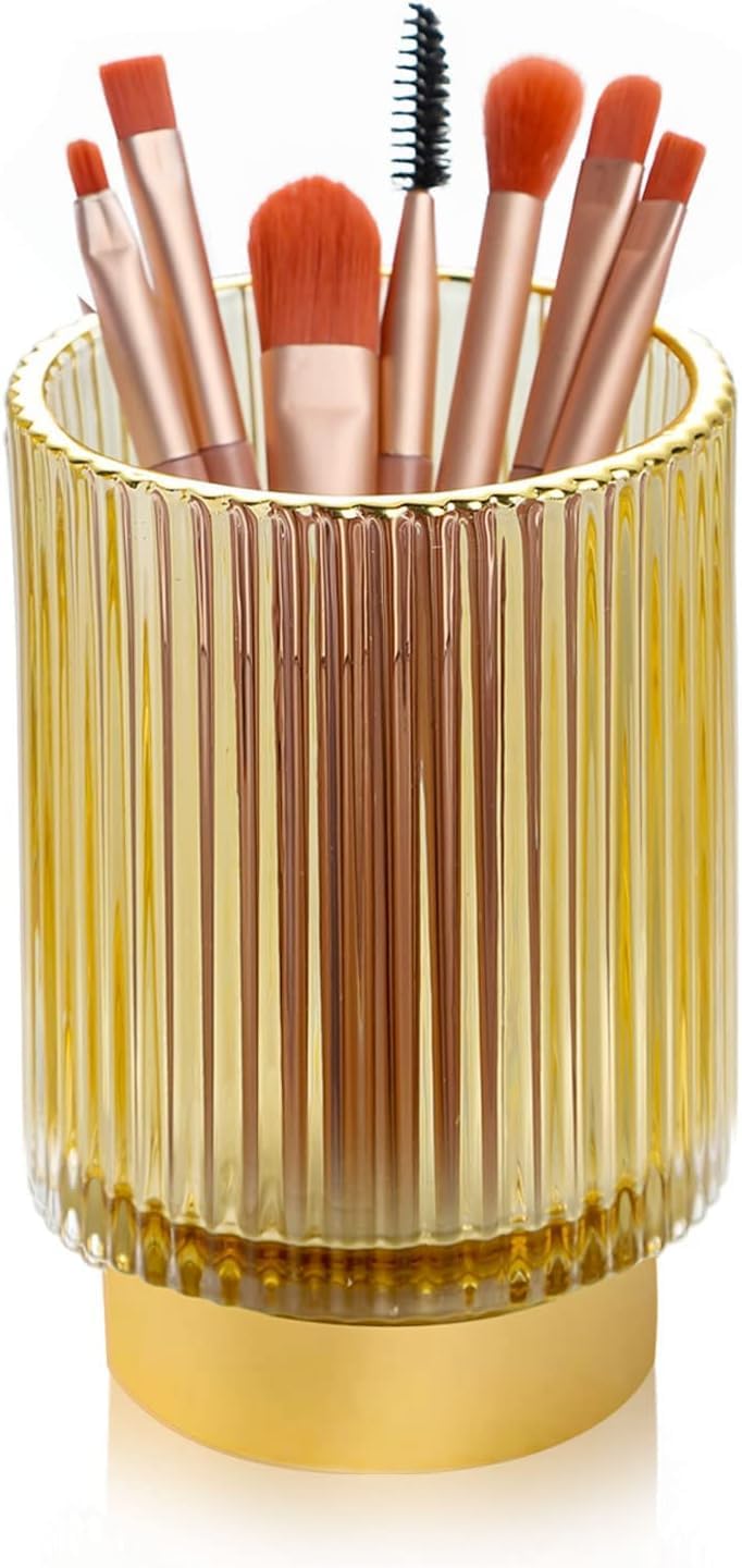 Makeup Brush Holder – Glass Cosmetic Organizer for Vanity, Eyeliners, Eyebrow Pencils | Bathroom Toothbrush Holder & Desk Pen Cup | Office Storage | Amber Color (Large, L)