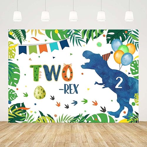Miniatura 7 de Telón de fondo de 2 cumpleaños de T-rex de 7 x 5 pies para niños, decoración de fiesta de cumpleaños Rex, bosque, selva, animales salvajes, globo de