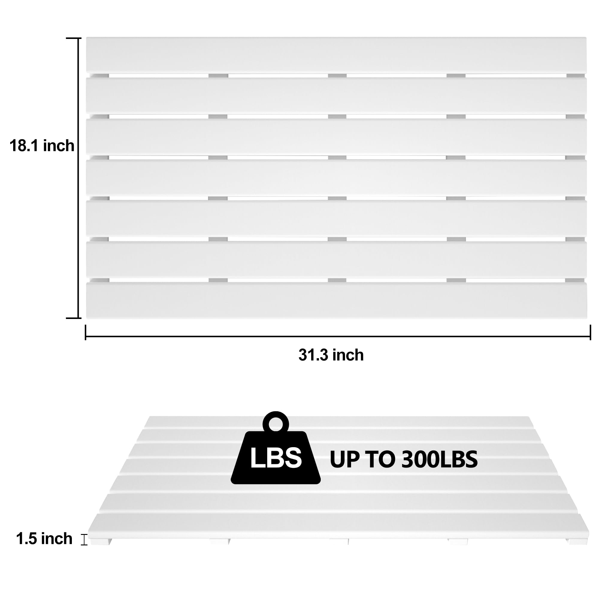 Forevich Bamboo Bath Shower Mats Waterproof Floor Mats for Bathroom Kitchen Spa Indoor Outdoor Use 31.5" L x 18.5" W White