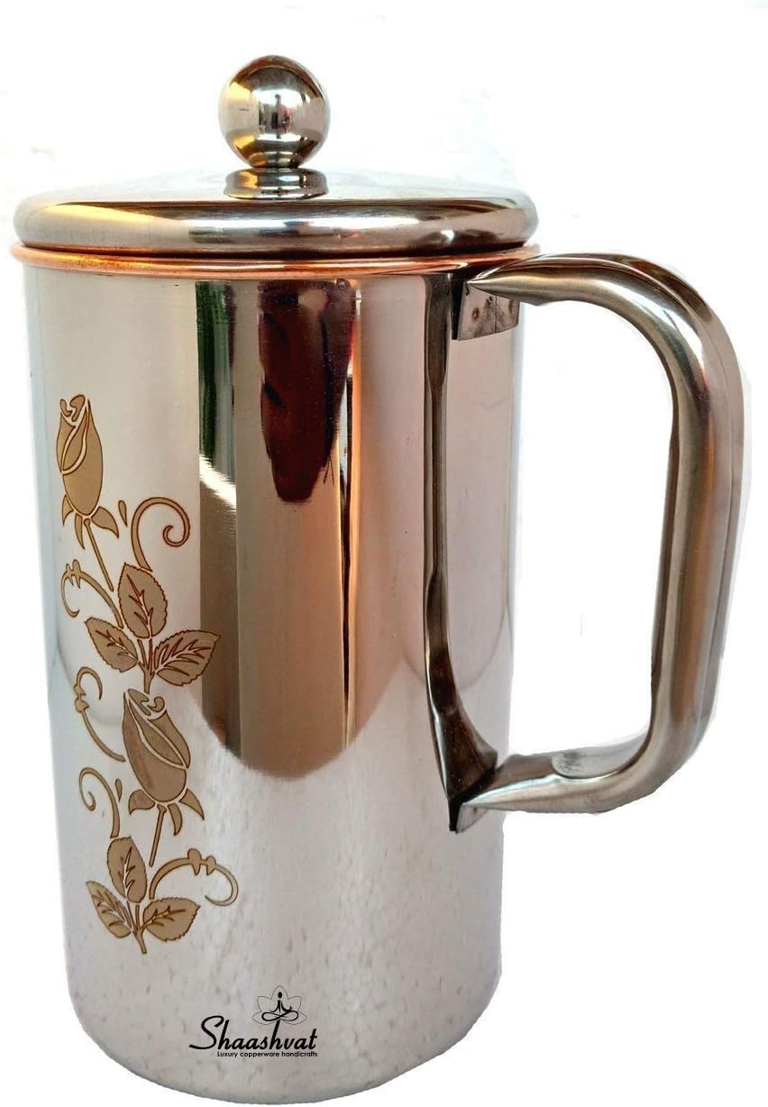 Shaashvat Copper Jug Water Pitcher Flower Print Outside Stainless Steel Utensils Inside Copper for Ayurveda Healing - Capacity 1.5 LTR
